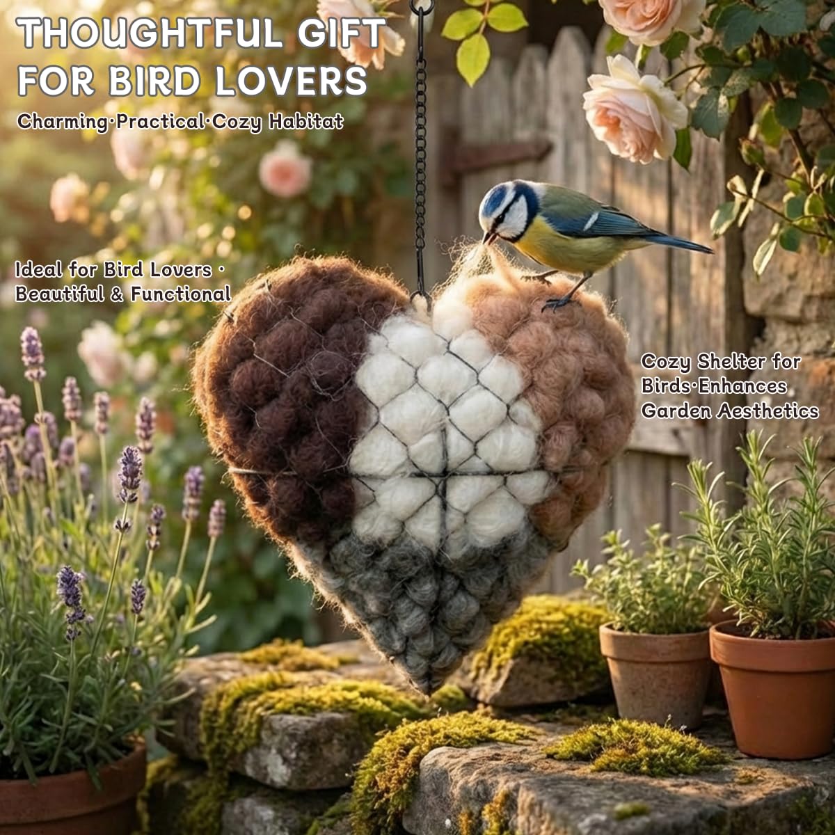 Corazón-nido de alpaca hecho a mano con materiales naturales, ideal para jilgueros y colibríes.