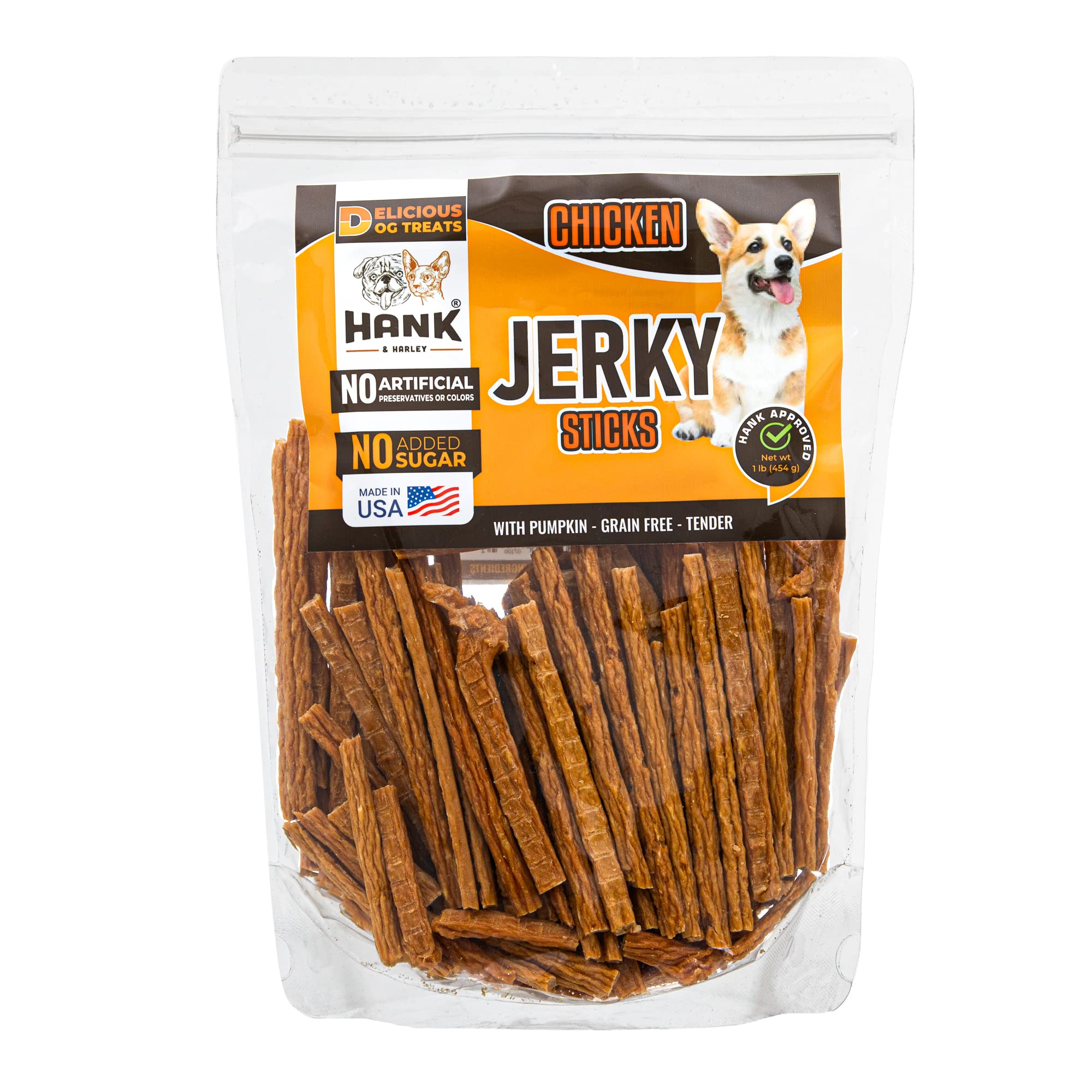 Hank & Harley tiras de pollo jerky frente, snack sabroso para perros.