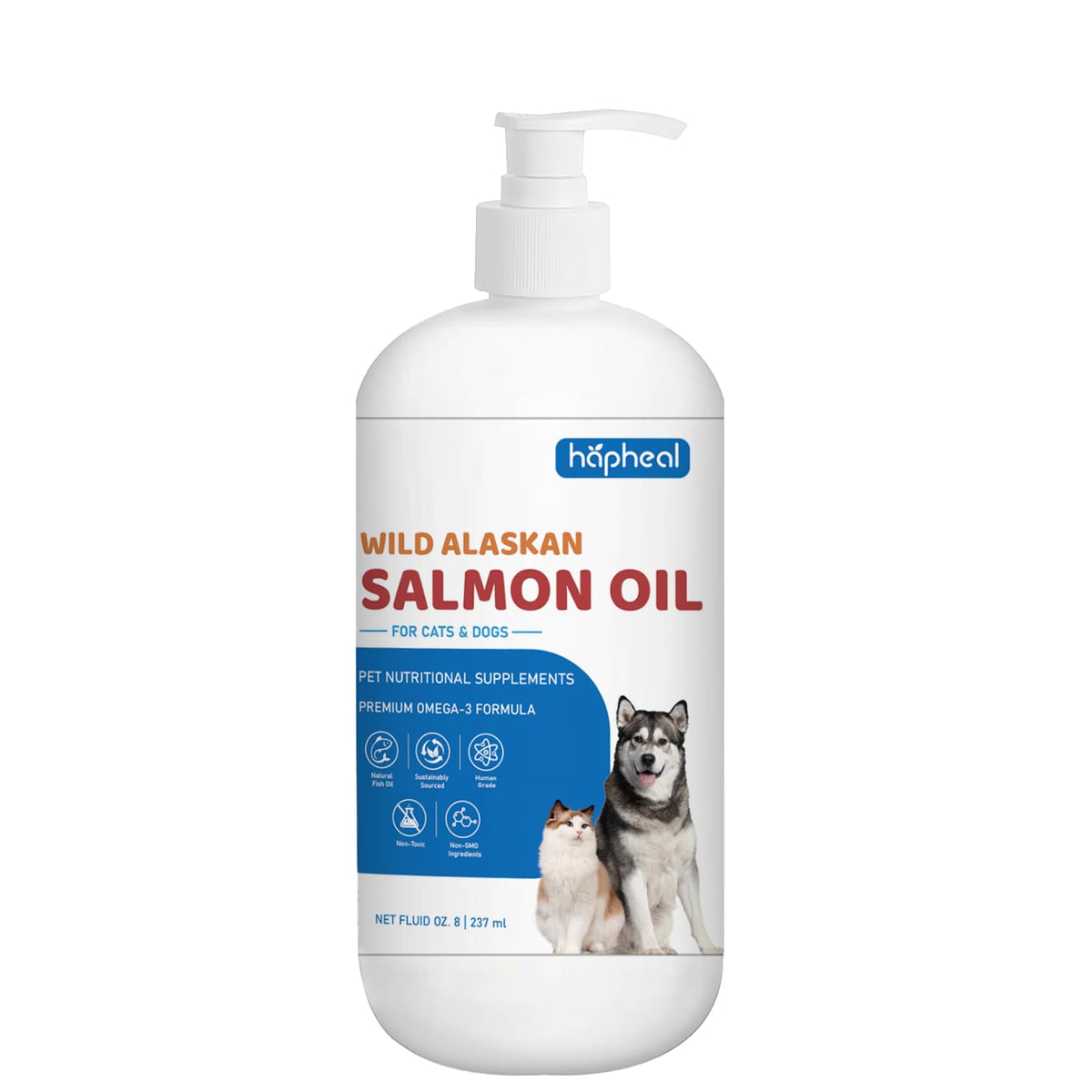 Hapheal aceite de salmón con bomba, dosis fáciles para el cuidado diario de mascotas.