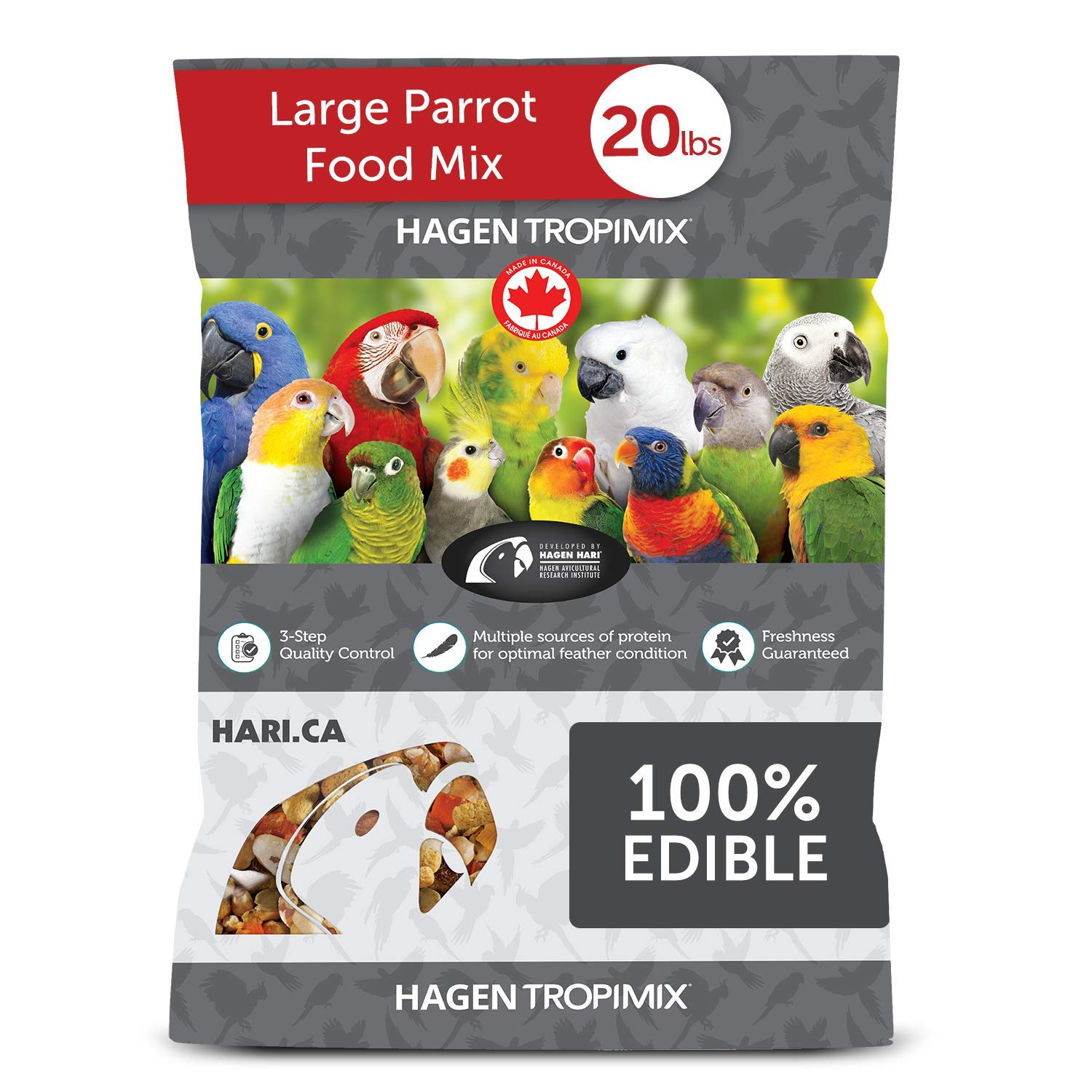 Hari Tropimix: bolsa de 20 lb para loros grandes, mezcla completa para nutrición diaria.