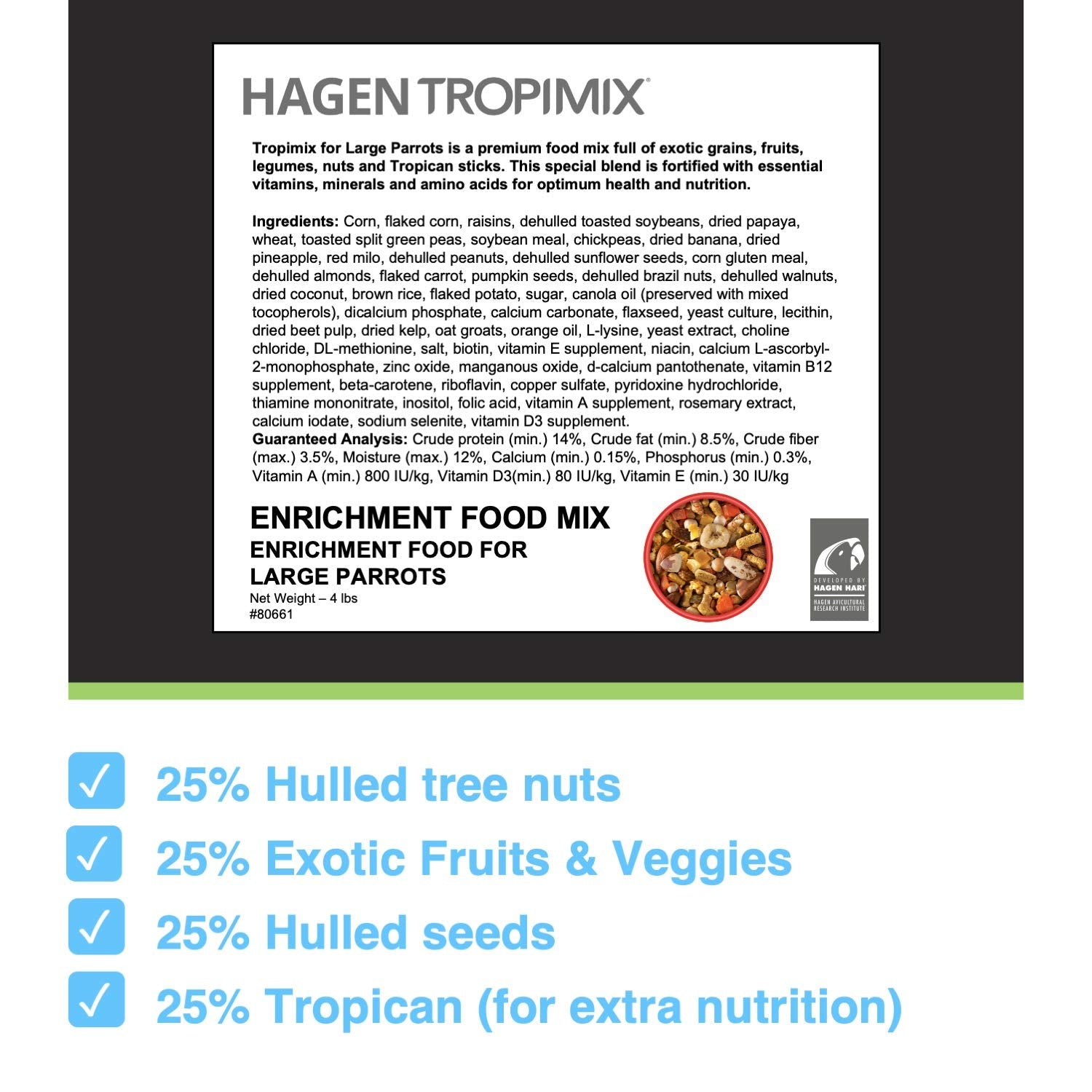 Mezcla Hari Tropimix de granos, frutas y nueces para loros grandes.
