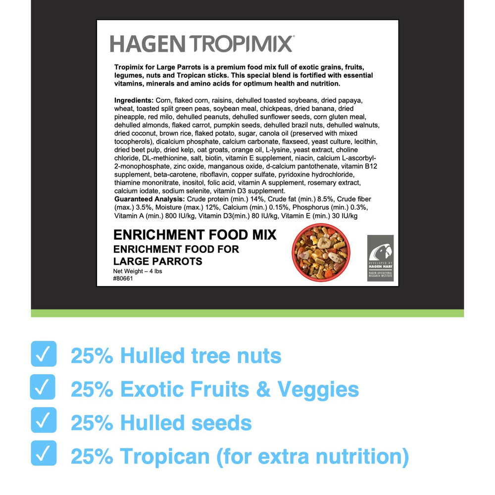 Mezcla Hari Tropimix de granos, frutas y nueces para loros grandes.