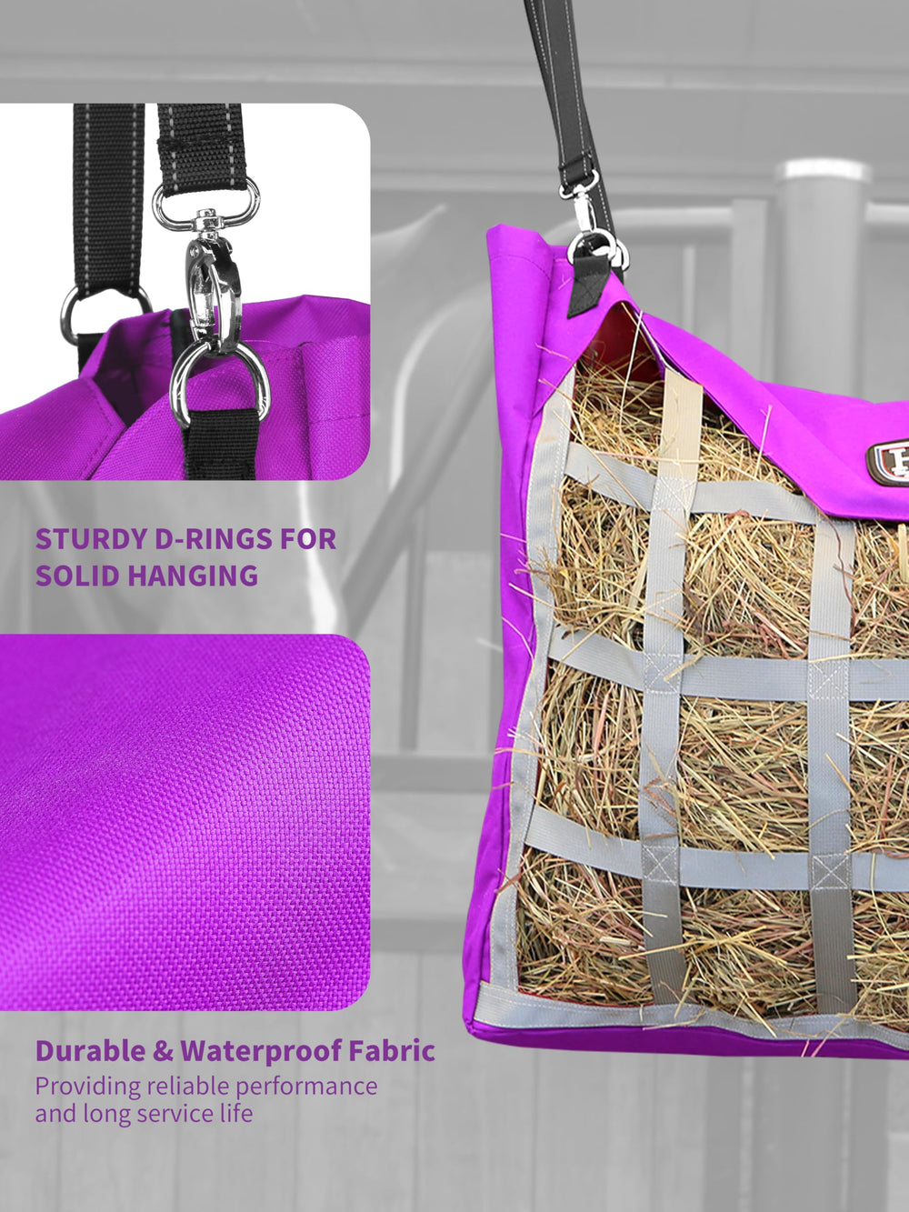 Bolsa de heno Harrison Howard con gran capacidad para alimentar por más tiempo.