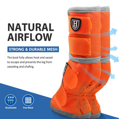 Guardas de patas Harrison Howard de malla densa en naranja, ventilación para días cálidos.
