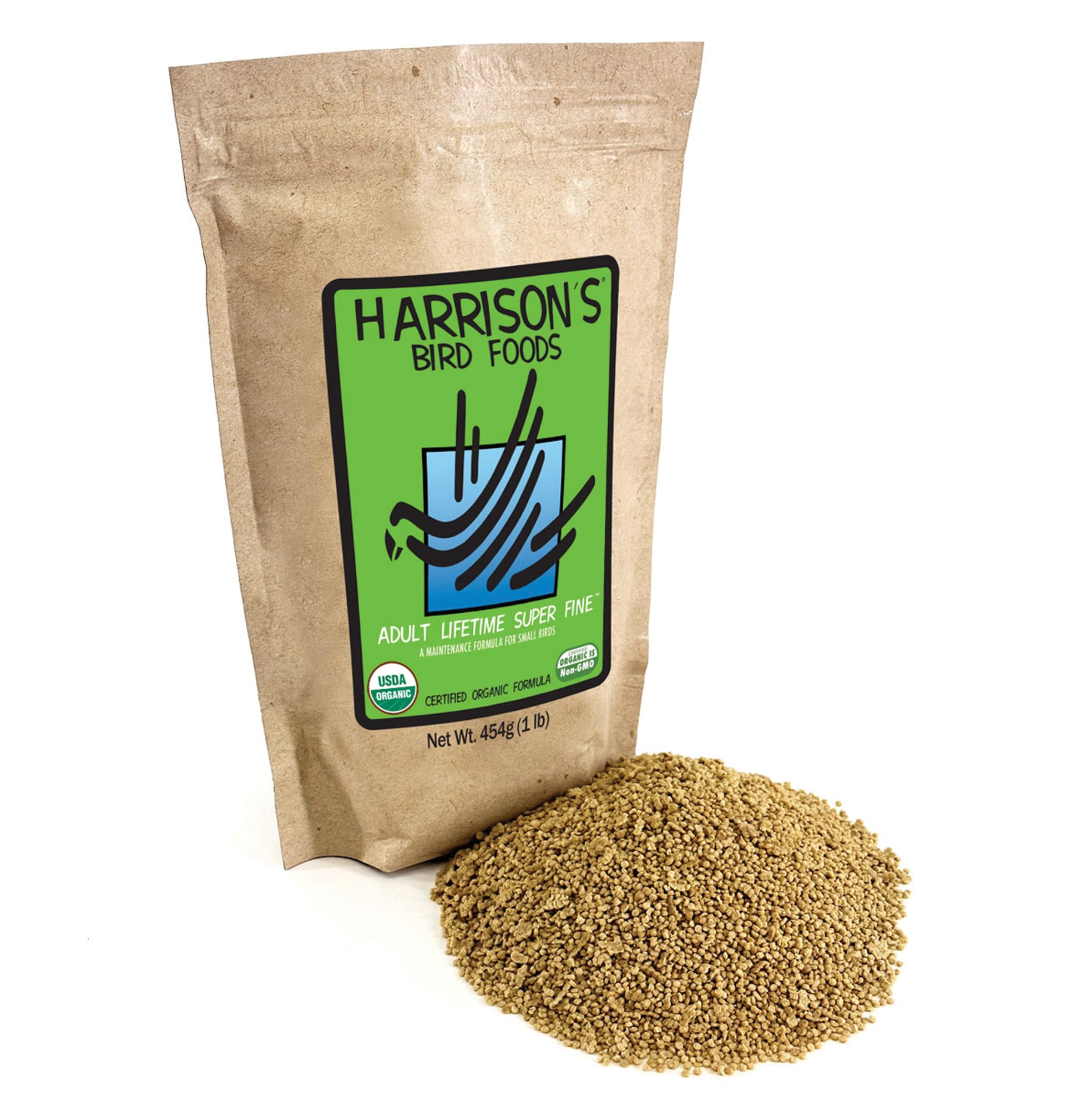Harrison's Bird Foods Adult Lifetime, empaque frontal, nutricion organica para aves pequenas.