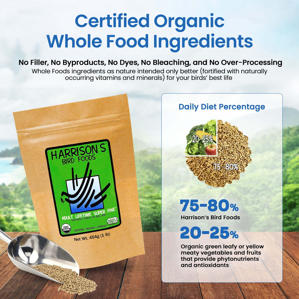 Harrison's Bird Foods, dieta diaria para aves pequenas servida en casa.