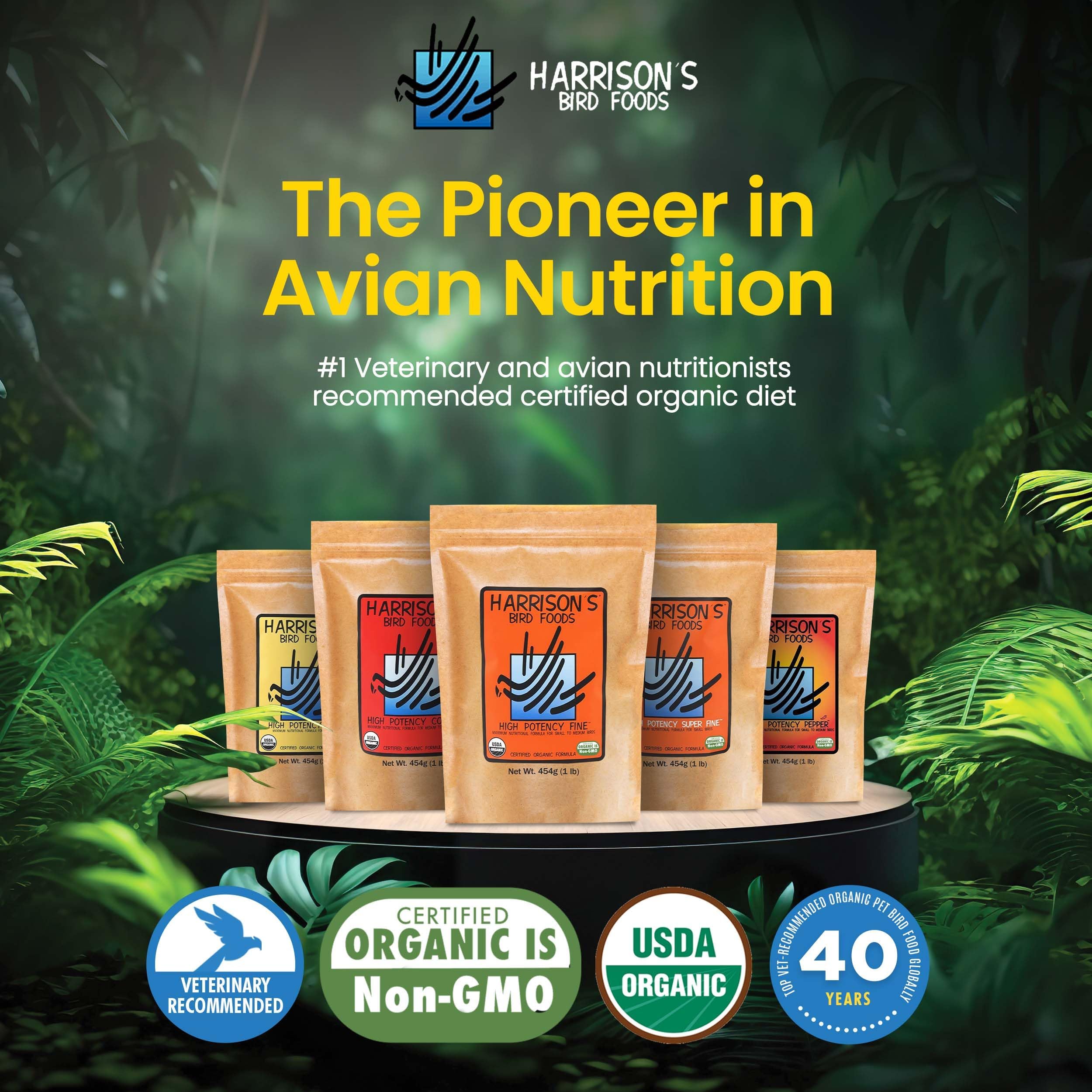 Dieta balanceada para aves pequeñas y medianas con Harrison's Bird Foods.