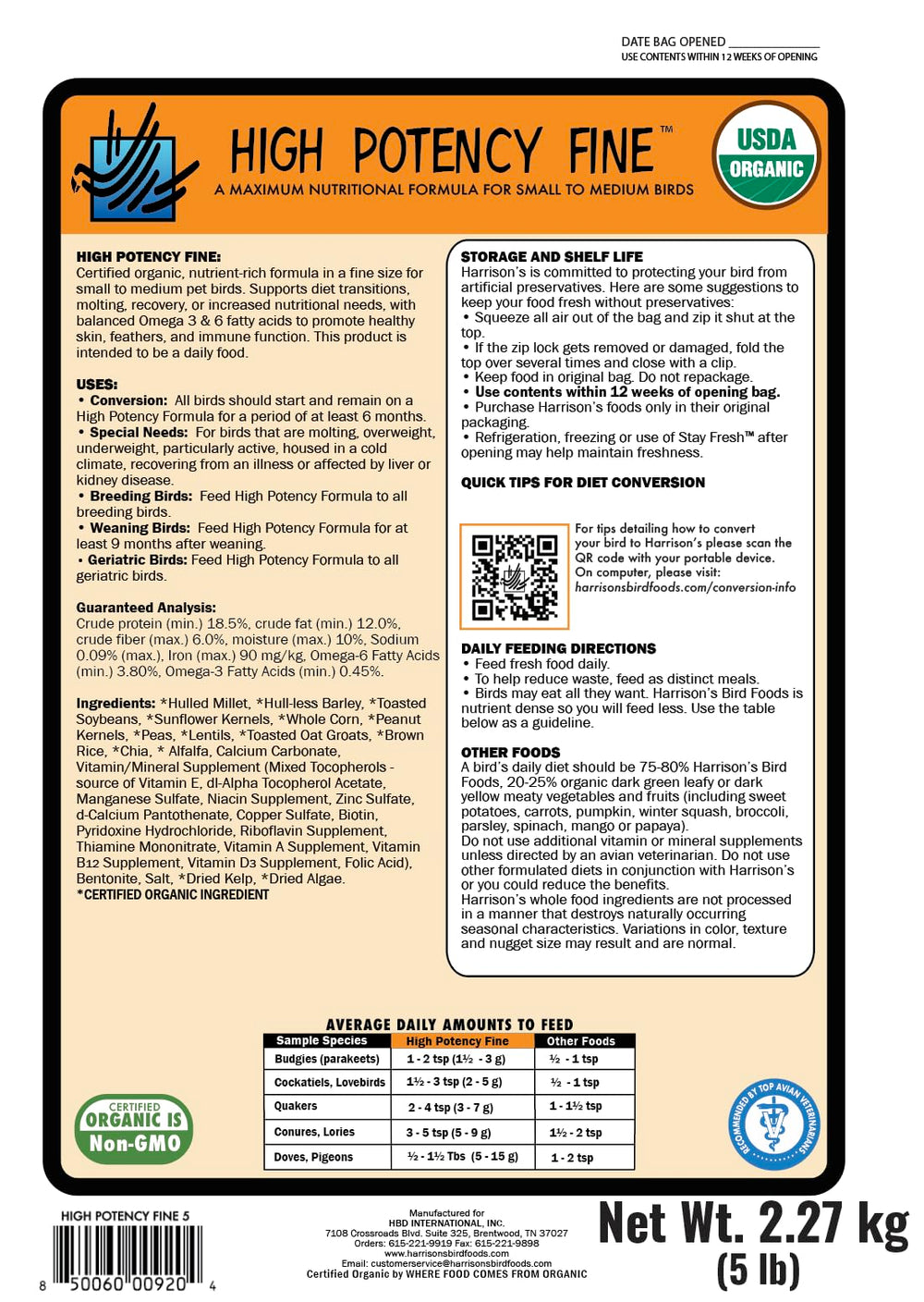 Harrison's Bird Foods: granos orgánicos para nutrición completa de aves.