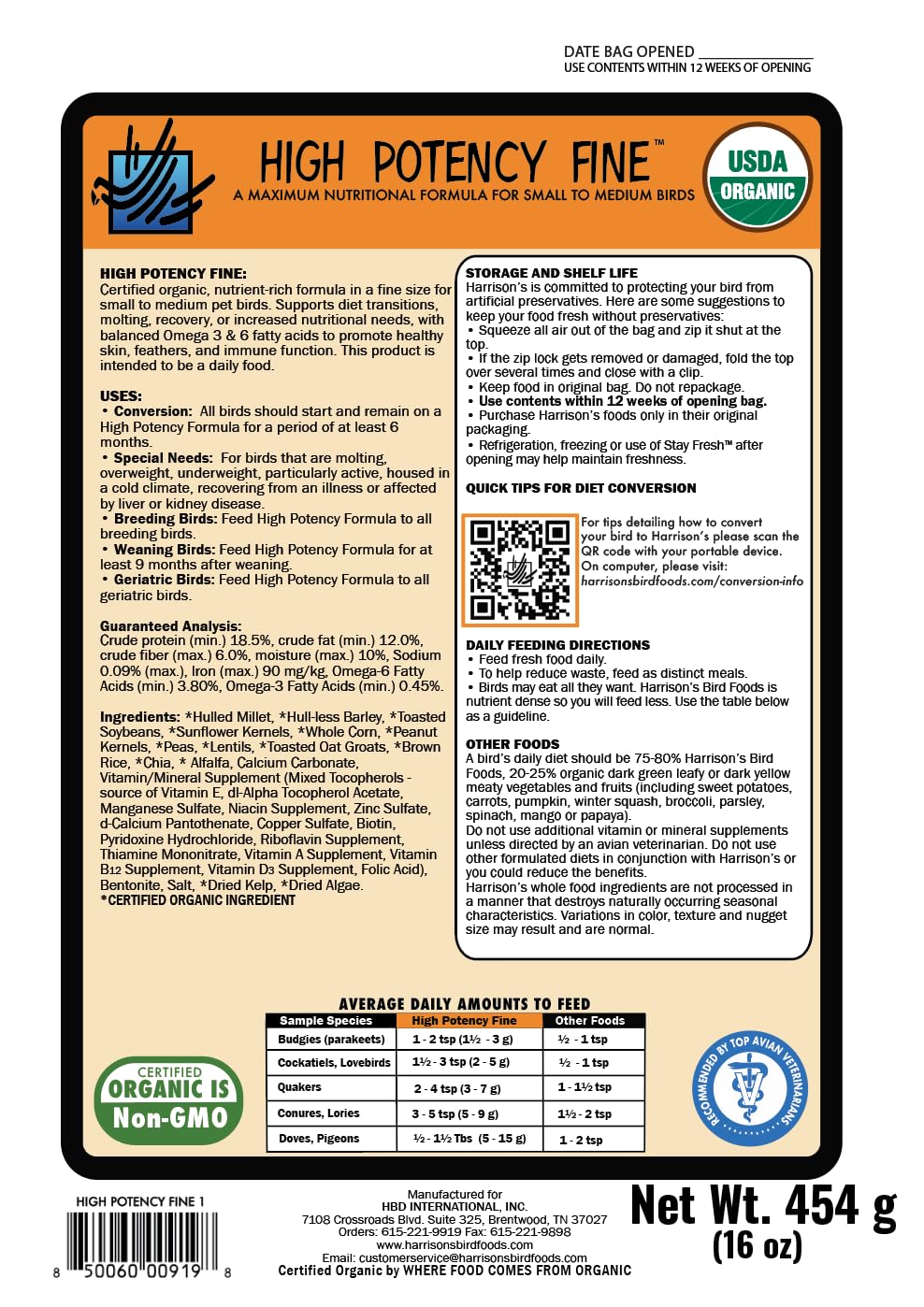 Alimento orgánico certificado de Harrison's Bird Foods para varias aves.