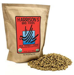 Harrison's High Potency Coarse: empaque visible para nutrición orgánica de aves.