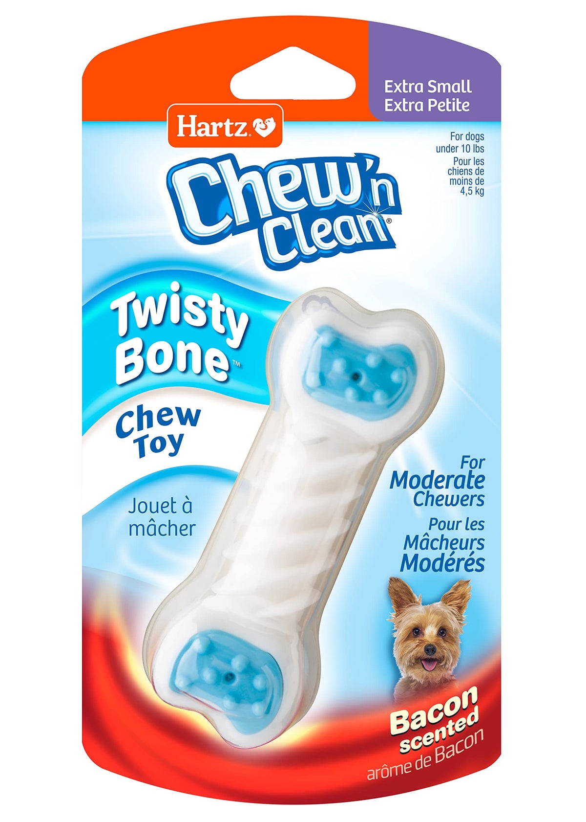 Hartz Hueso Torcido: juguete masticable sabor tocino ideal para cachorros.