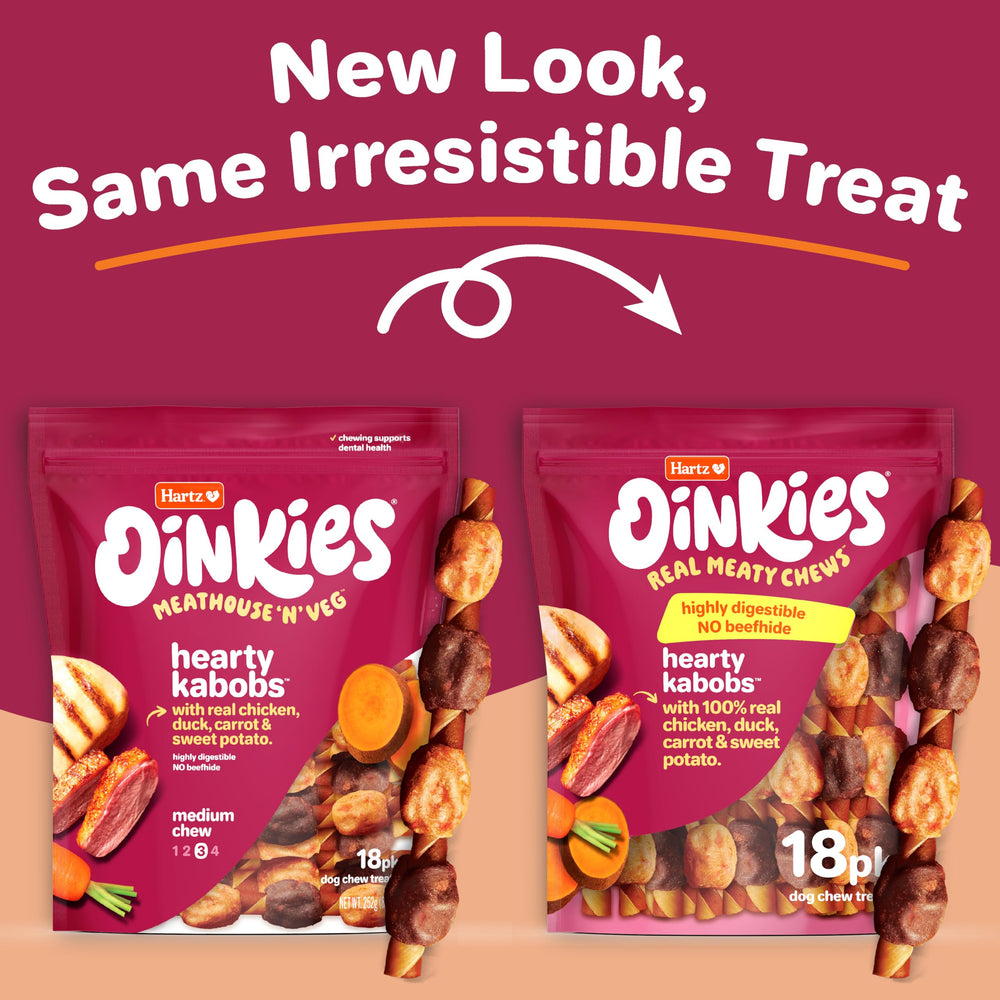 Hartz Oinkies Brochetas albóndigas de pollo con zanahoria, ideal para masticación sabrosa.