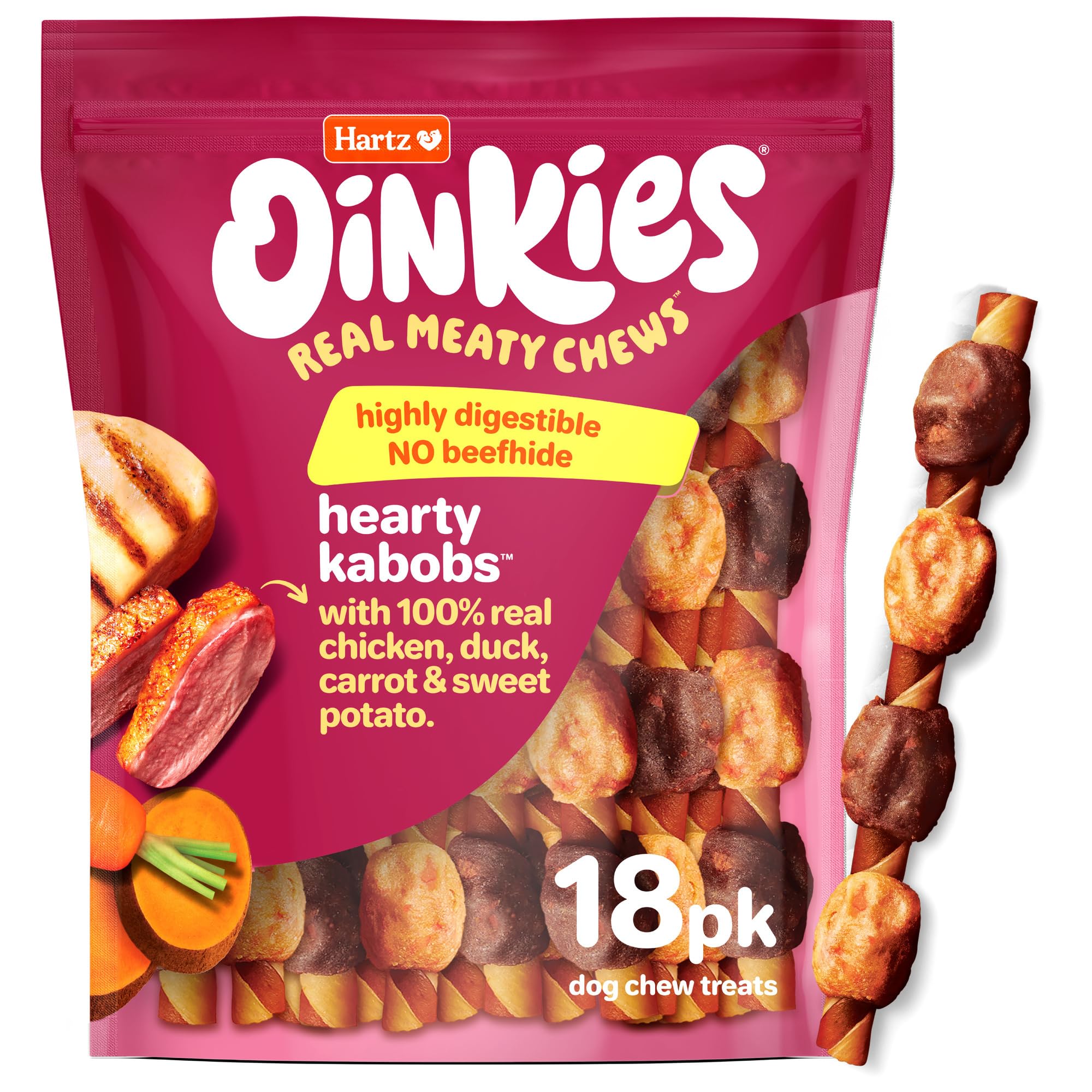 Hartz Oinkies Brochetas Sabrosas de pollo y pato con batata dulce, recompensa para entrenar.