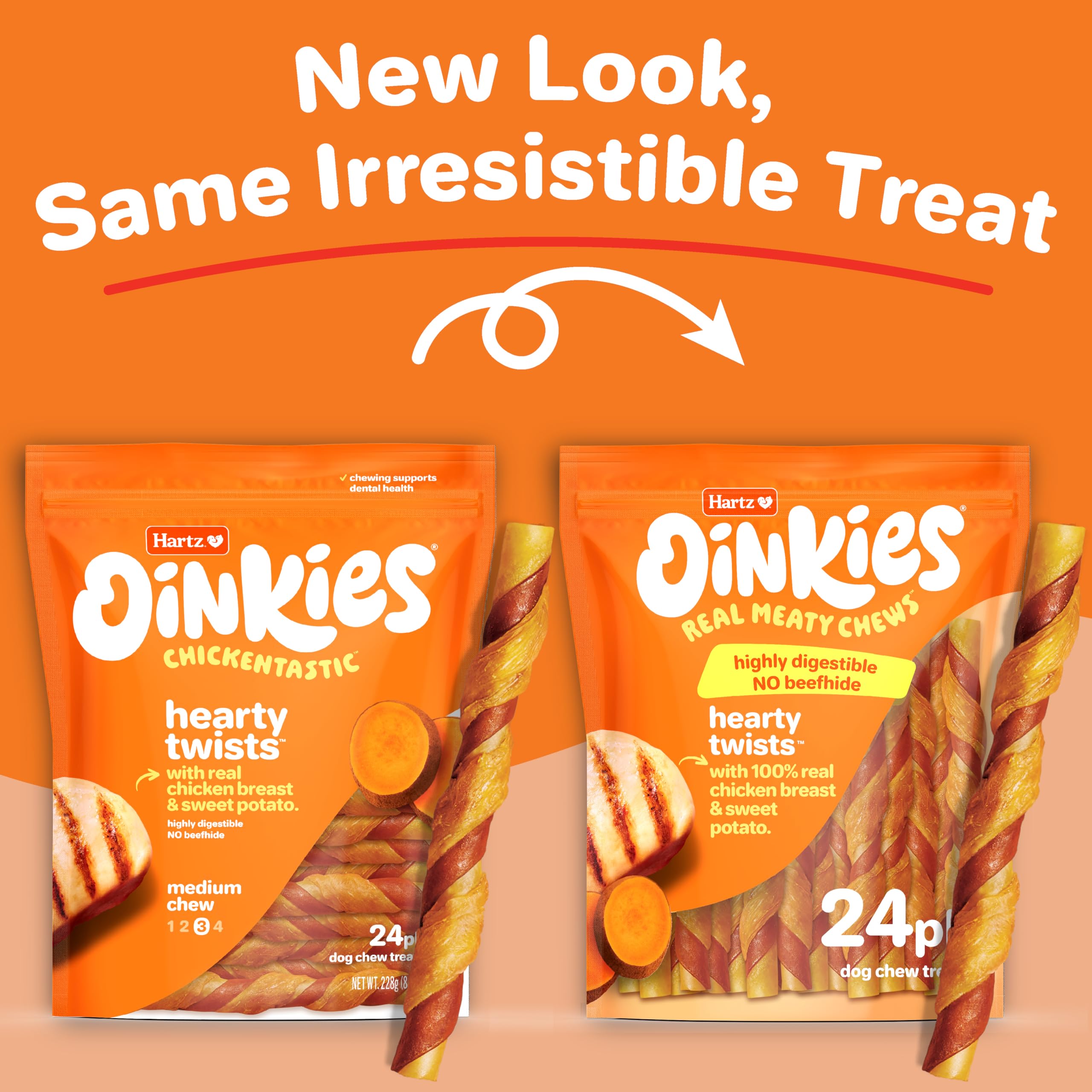Piezas de pollo reales en Hartz Oinkies Hearty Twists para merienda sabrosa