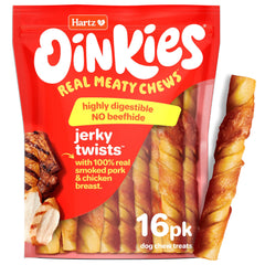 Hartz Oinkies Porkalicious Jerky Twists: vista del empaque, premio ideal para entrenamiento