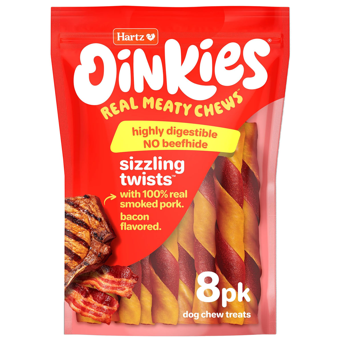 Hartz Oinkies Sizzling Twists, paquete de 8 piezas, sabor irresistible para perros, ideal para masticación diaria