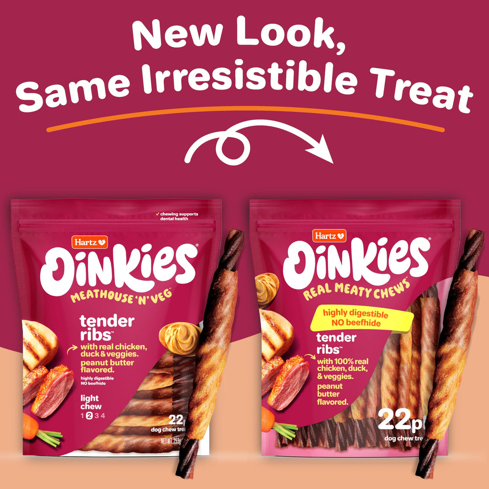 Hartz Oinkies Tender Ribs con pato real para digestión fácil.