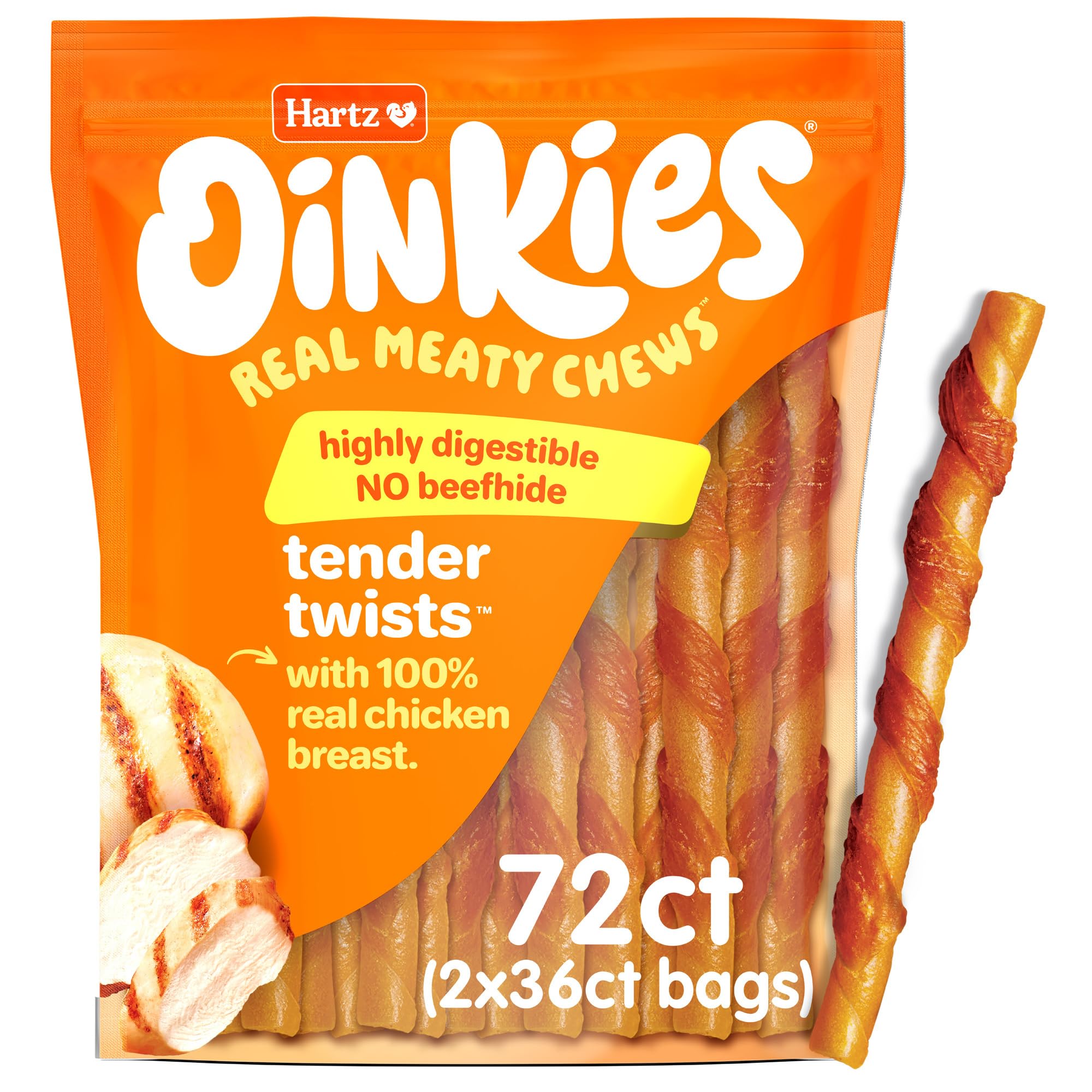 Hartz Oinkies Tender Twists con pollo real en primer plano, sabor jugoso para perros activos.