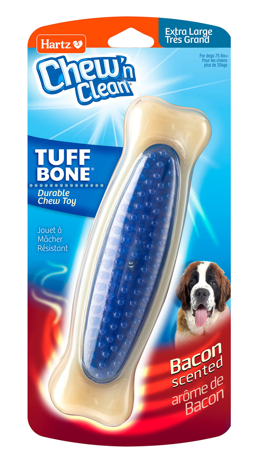 Hartz Tuff Bone Extra Grande, detalle de masticación con aroma a tocino para perros.