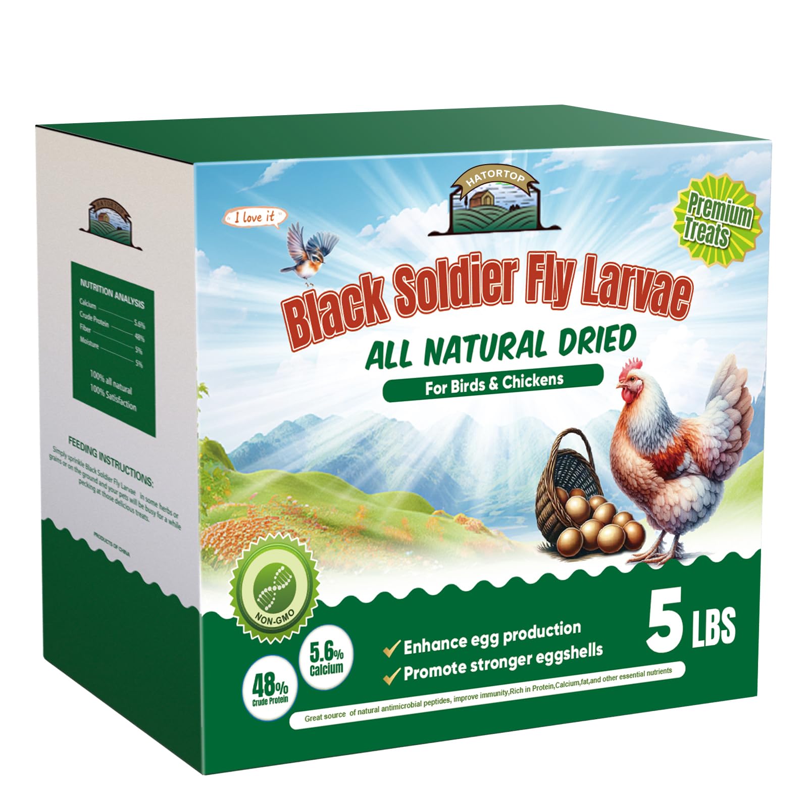 HATORTOP larvas mosca negra secas en bolsa 5 lb, snack nutritivo para pollos.