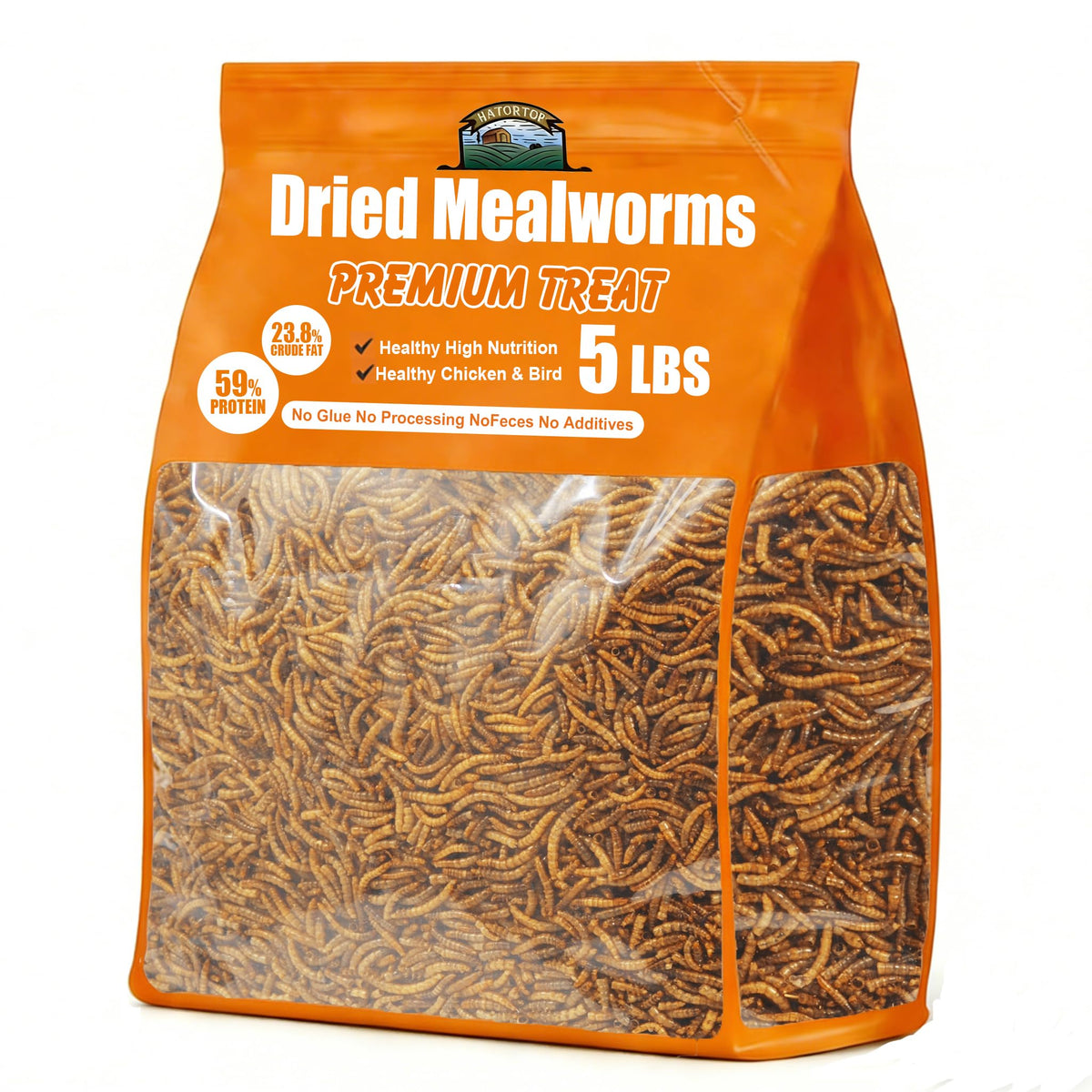 Lombrices secas Hatortop en envase de cinco libras, alto contenido proteico para aves.