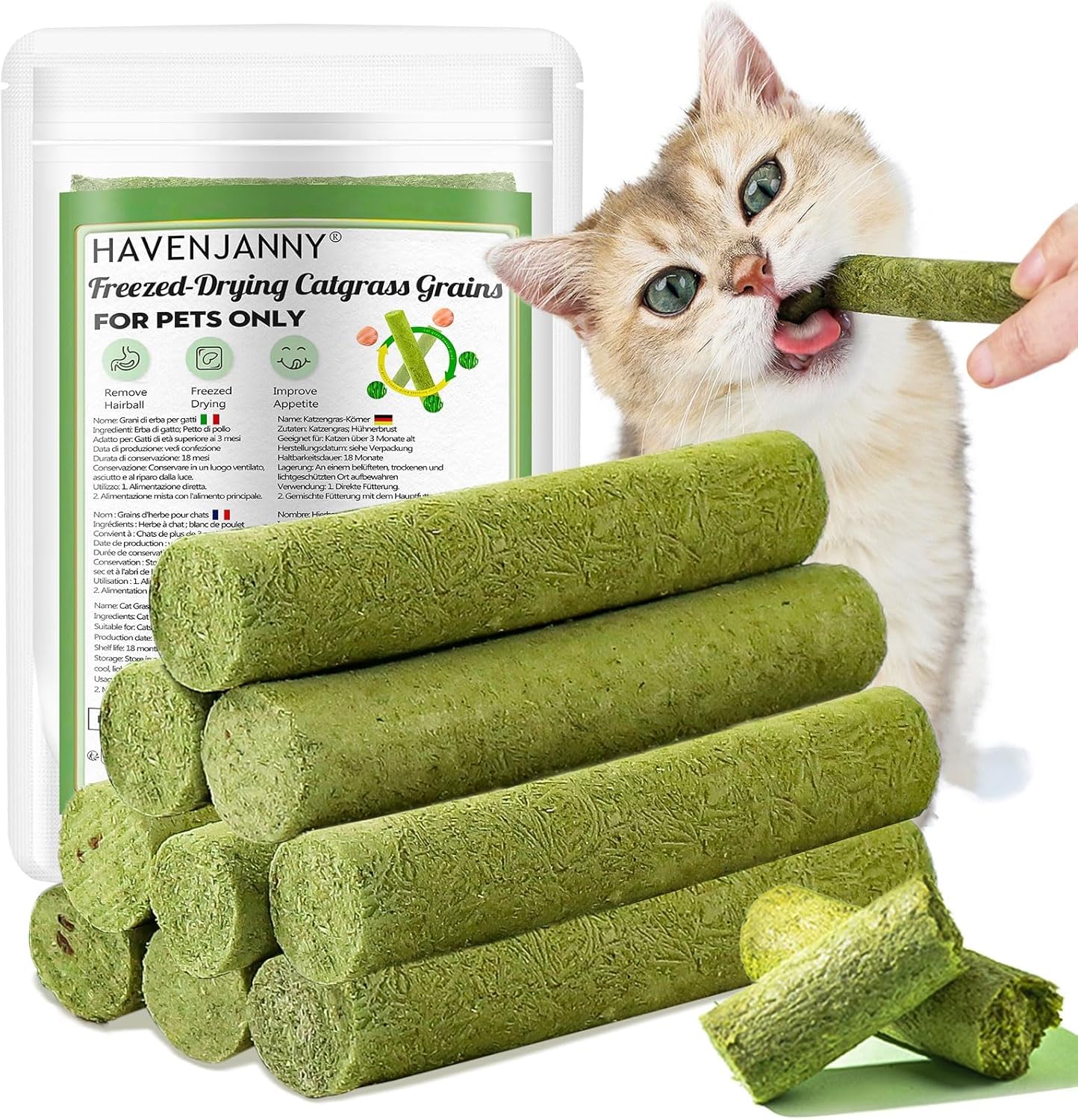 HavenJanny: empaque visible del snack de hierba para gatos, fácil de usar.