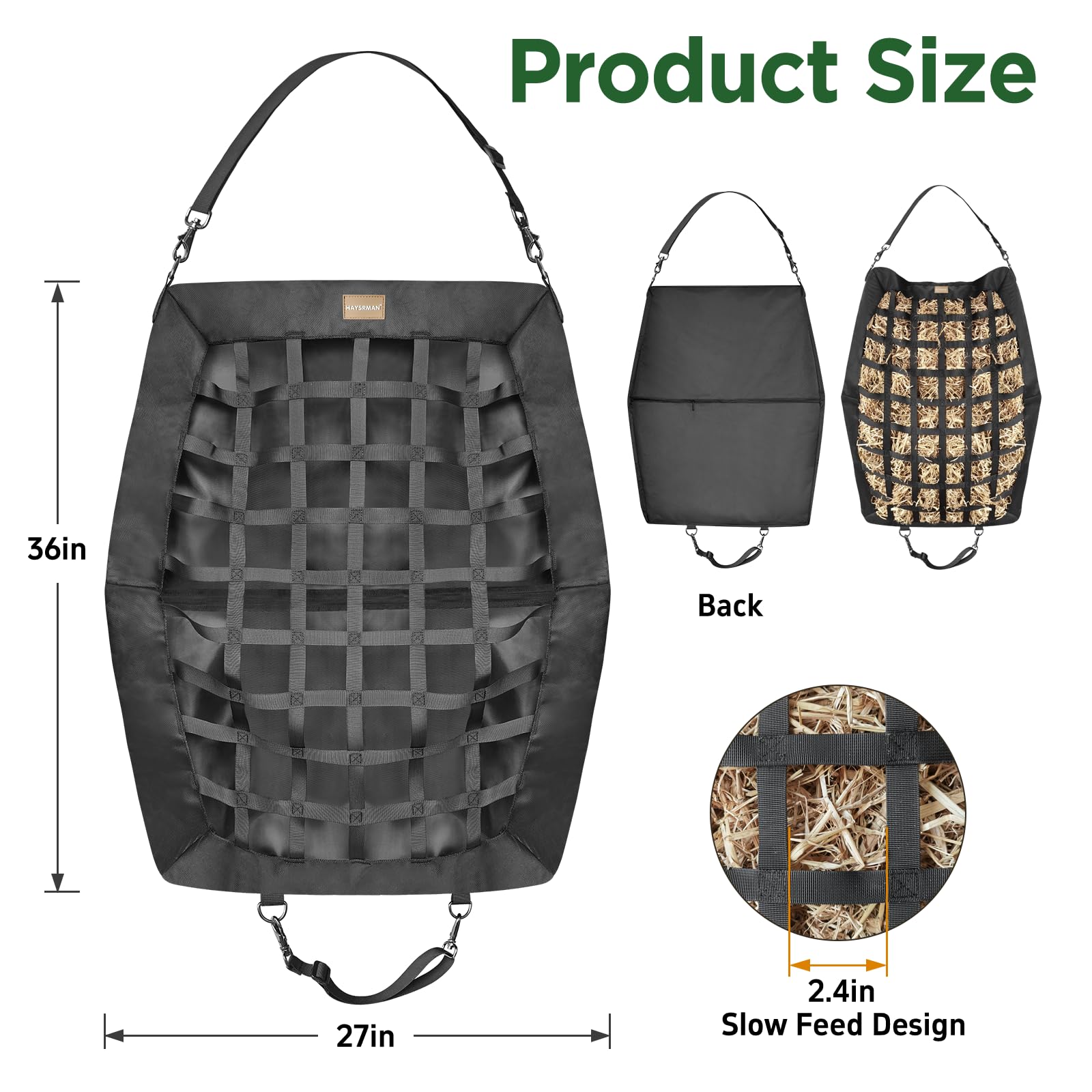 HAYSRMAN bolsa de heno, diseño lateral ensanchado para mayor capacidad y comodidad.