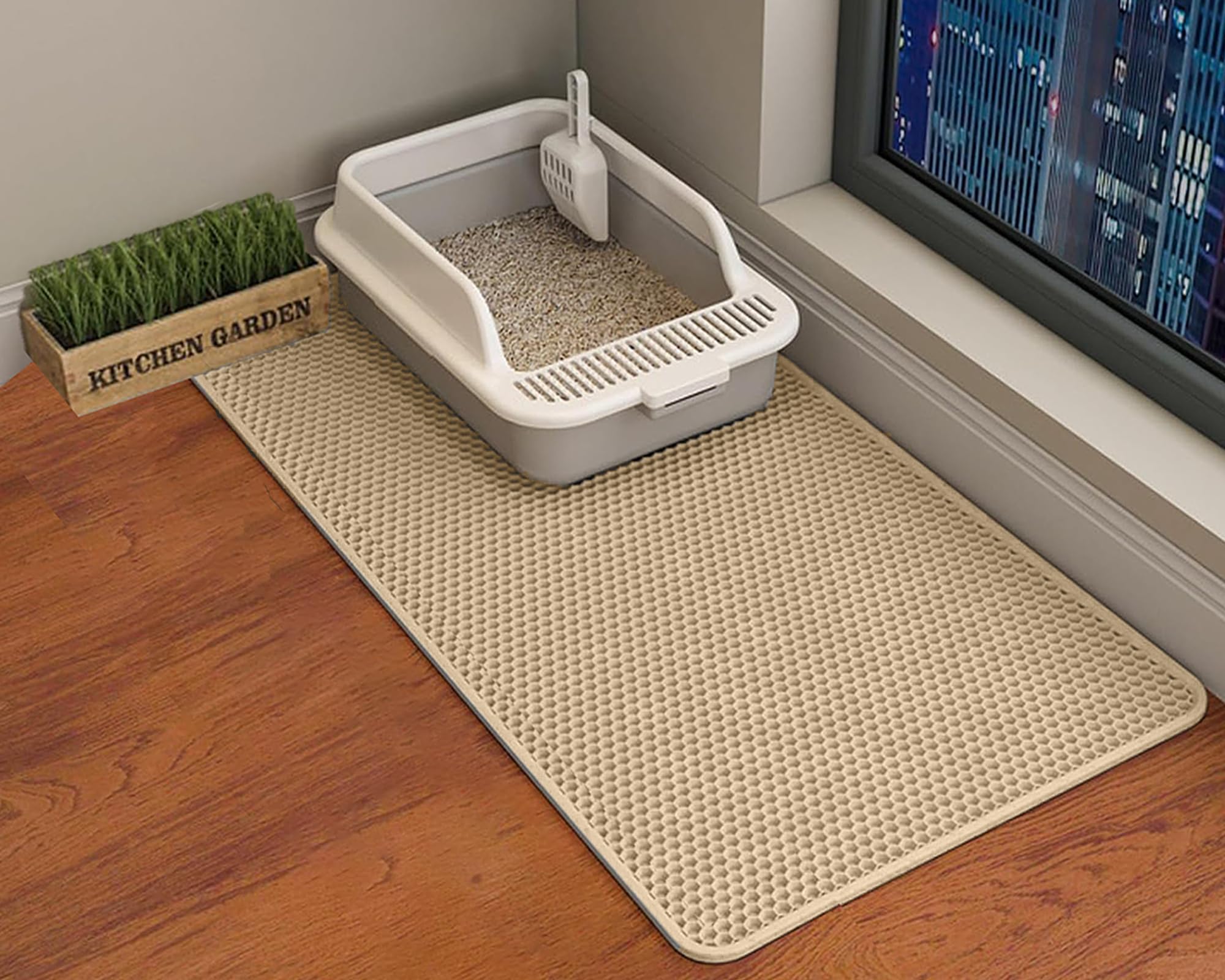 HCY&WLD alfombrilla para arena de gatos, diseño doble capa para retener arena y mantener el piso limpio