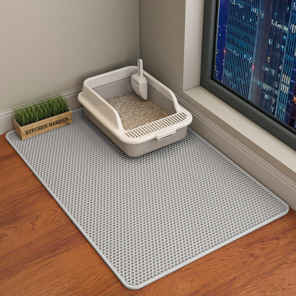 Alfombra HCY&WLD para arena de gato gris, doble estructura que atrapa granos.