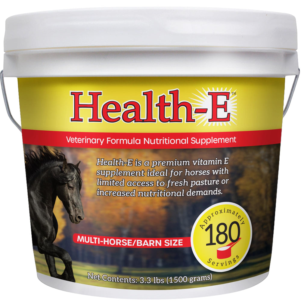 Health-E Vitamina E para caballos: botella visible y uso diario de refuerzo