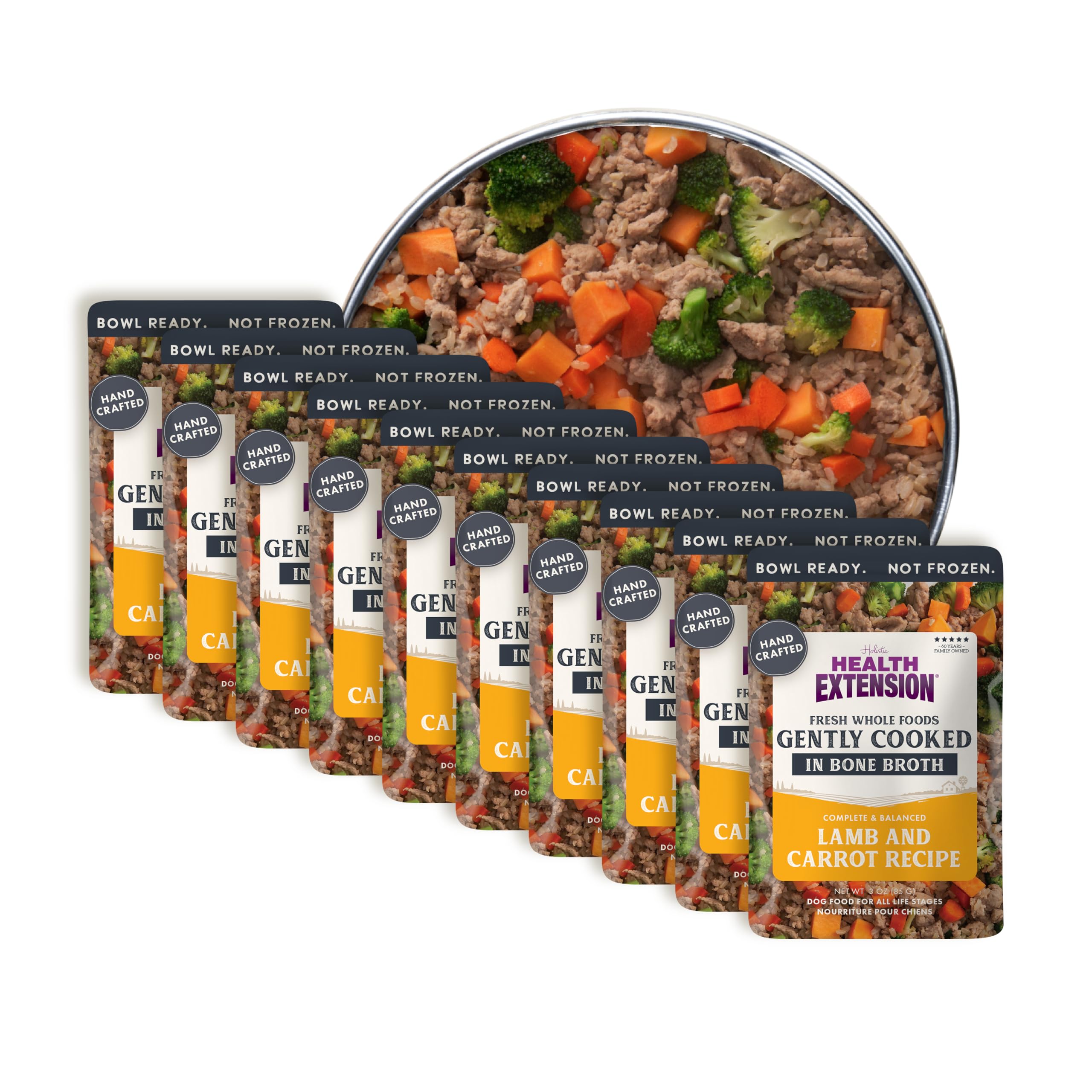 Health Extension comida para perros cordero-zanahoria, bolsa 3oz, porciones listas para servir.