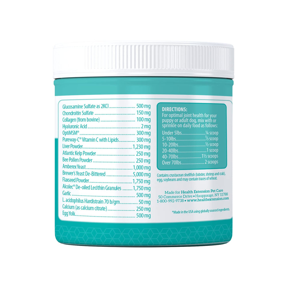 Health Extension Condroitina con Glucosamina: dosificación en cucharita para ajustar según el peso del perro.