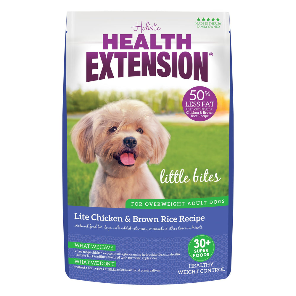 Health Extension Little Bites Lite en bolsa de 15 lb, ideal para perros pequeños, dieta equilibrada.