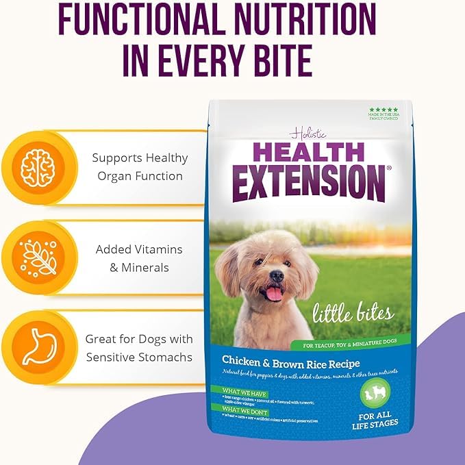 Health Extension Little Bites pollo deshuesado como ingrediente principal para músculos y energía sostenida.