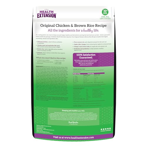 Health Extension Original Pollo y Arroz Integral, etiqueta frontal, sin conservantes artificiales.