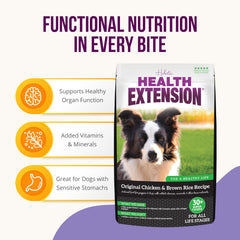 Health Extension Original Pollo y Arroz Integral, perro comiendo, energía suave para el día.