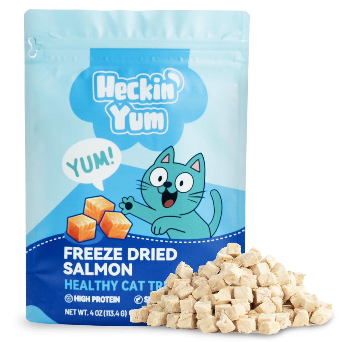 Heckin Yum salmón deshidratado en primer plano, snack sabroso para pelaje saludable