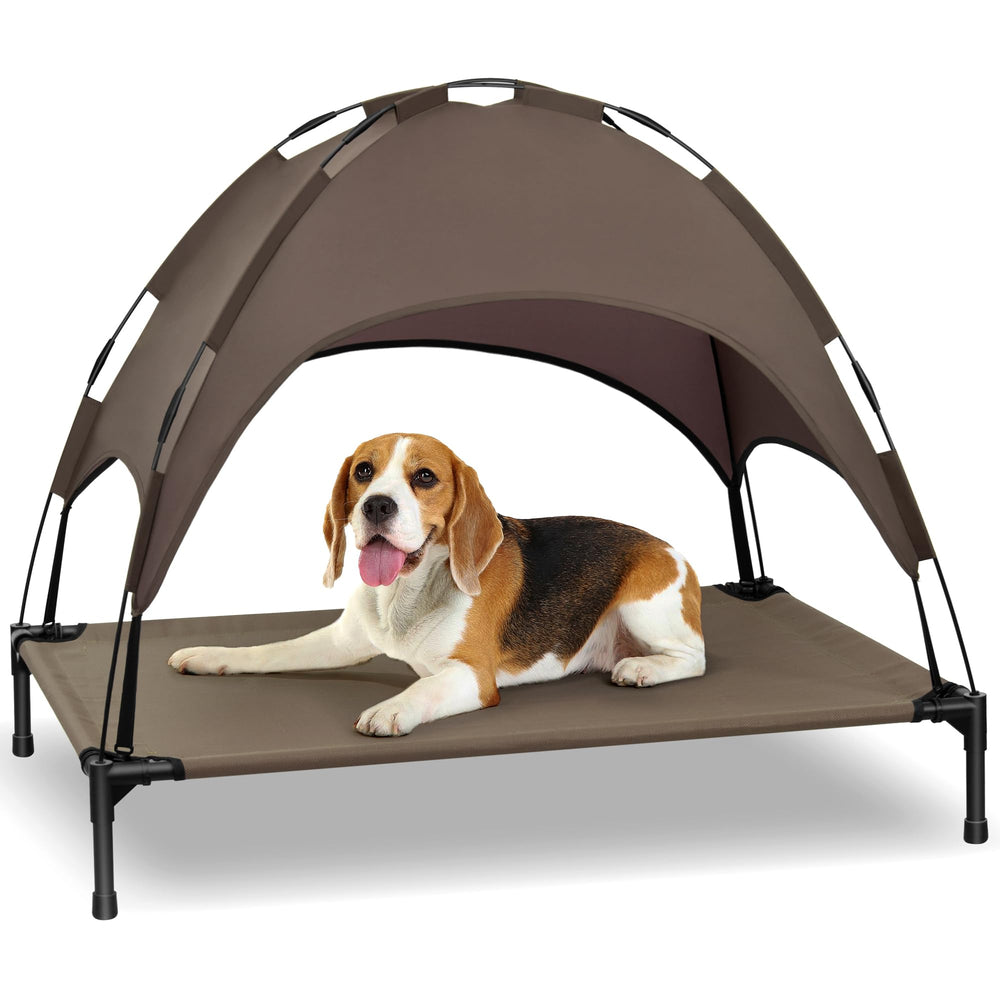 Heeyoo cama para perro elevada con toldo para sombra y descanso cómodo en exterior.