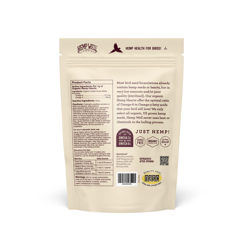 Hemp Well Canamo Orgánico Aves: alimento natural para plumas brillantes.