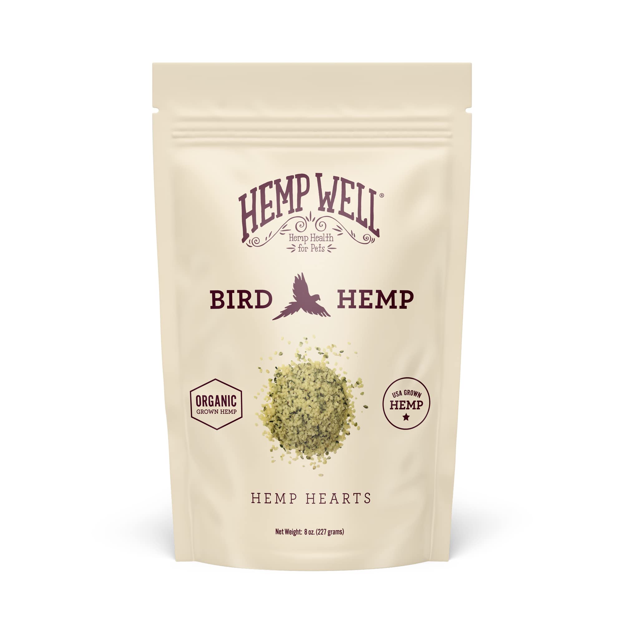 Hemp Well: corazones de cáñamo orgánicos para aves en bolsa reutilizable.