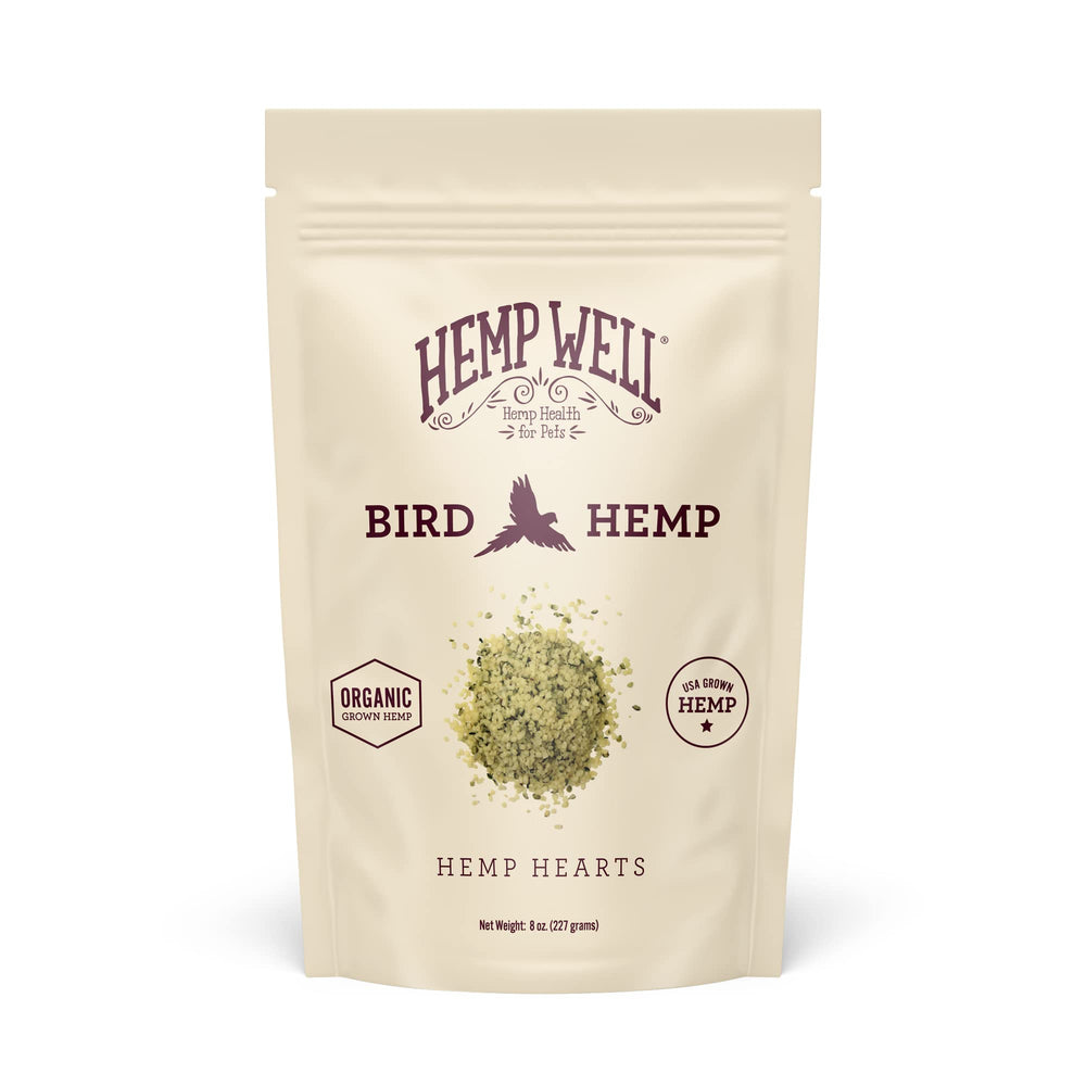 Hemp Well: corazones de cáñamo orgánicos para aves en bolsa reutilizable.