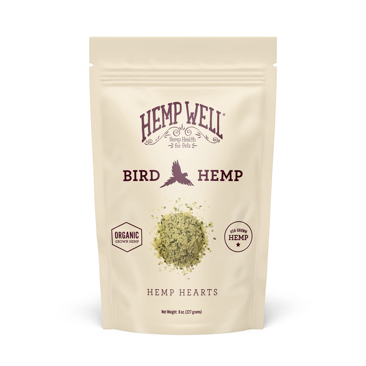 Hemp Well: corazones de cáñamo orgánicos para aves en bolsa reutilizable.
