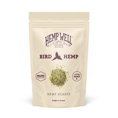 Hemp Well: corazones de cáñamo orgánicos para aves en bolsa reutilizable.