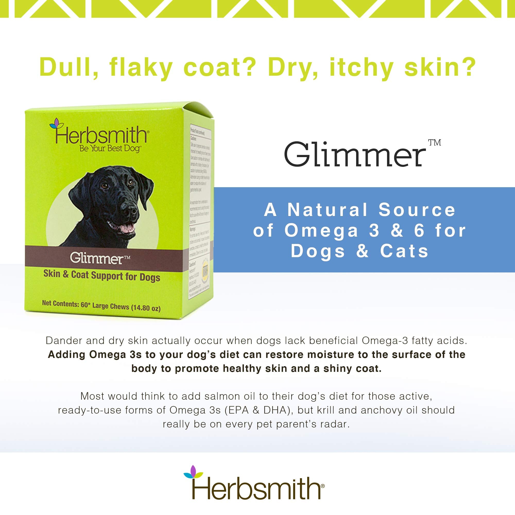 Envase de Herbsmith Glimmer con masticables sabrosos para perros.