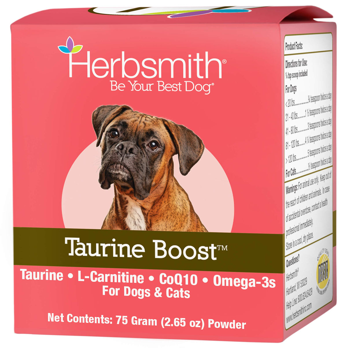 Herbsmith Taurine Boost botella visible para apoyo cardíaco en mascotas