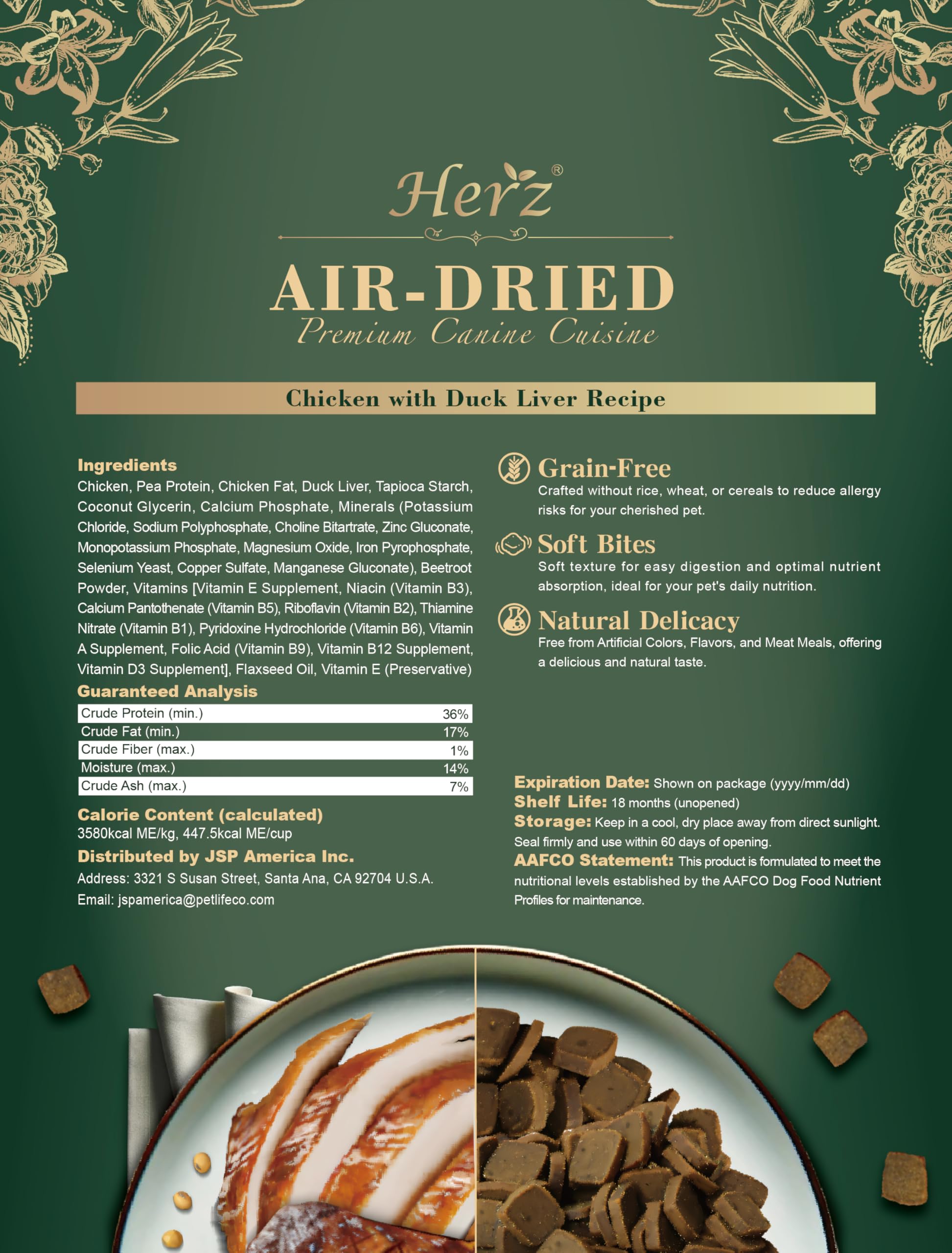 Herz etiqueta del producto, ingredientes naturales y proteína de calidad.
