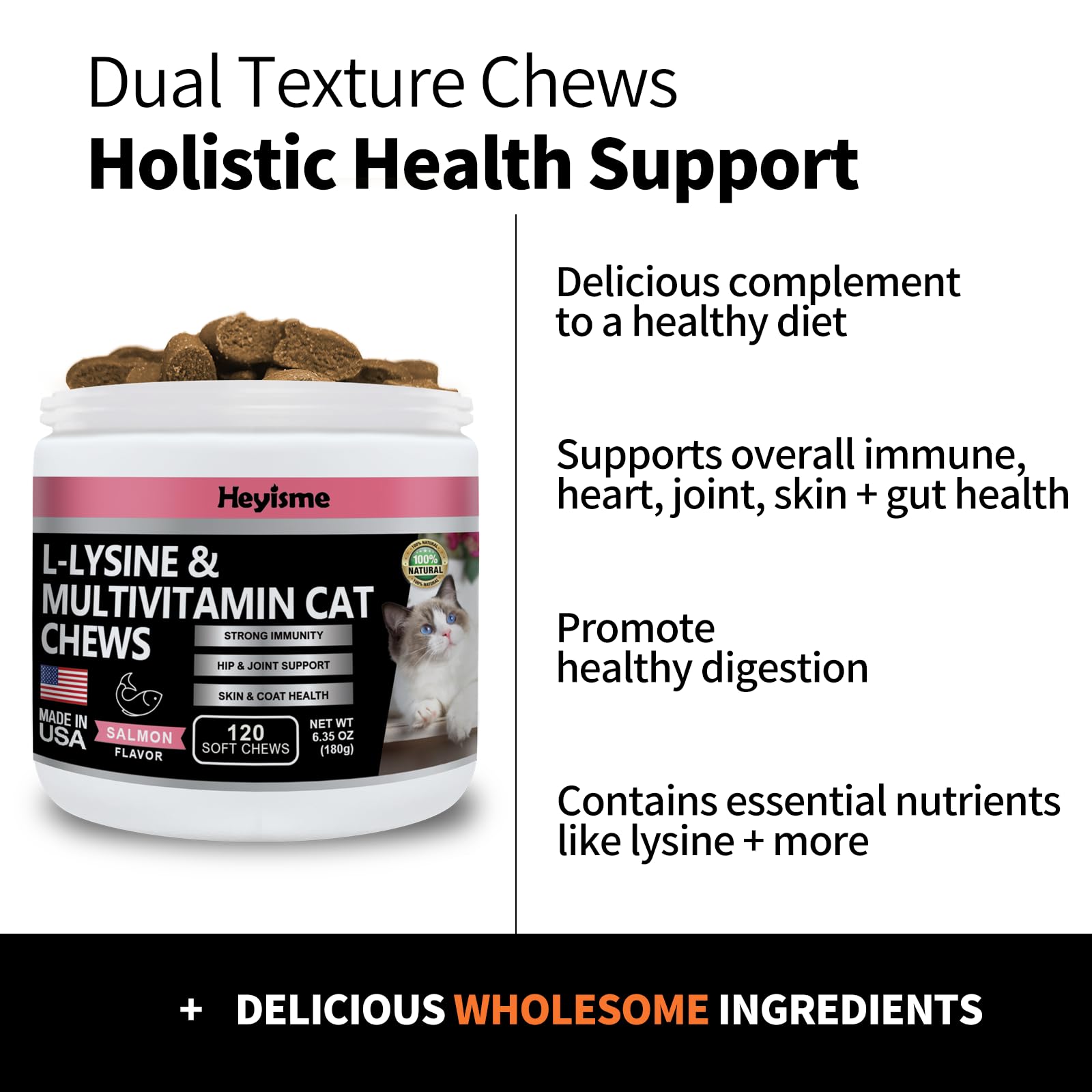 HEYISME L-Lisina para gatos: omega-3 y krill para ojos y salud respiratoria.