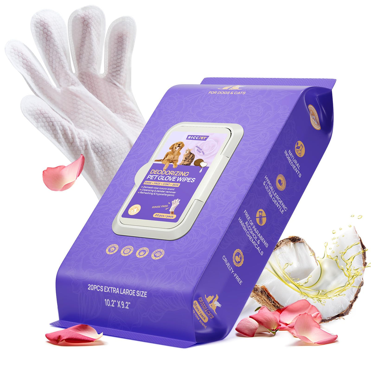 Guante limpiador HICC PET con aroma rosa para pelaje limpio y fresco.