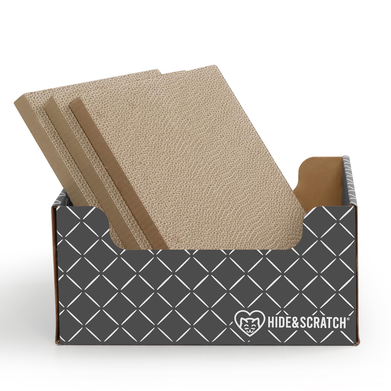 Hide & Scratch caja rascadora de cartón gris con diamante para gatos de interior