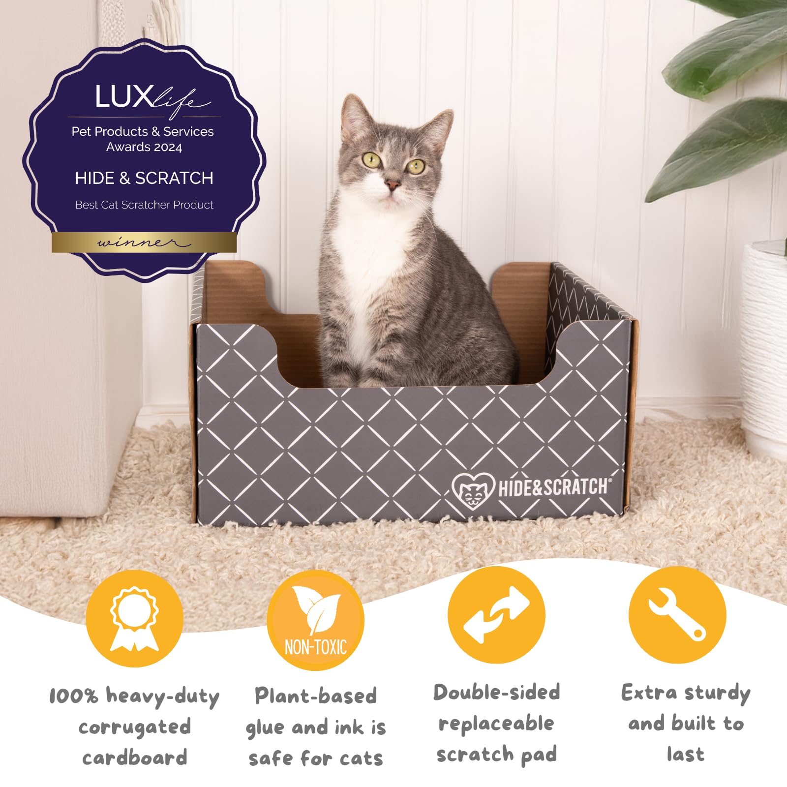 Hide & Scratch diseño de caja rascador de doble cara para gatos